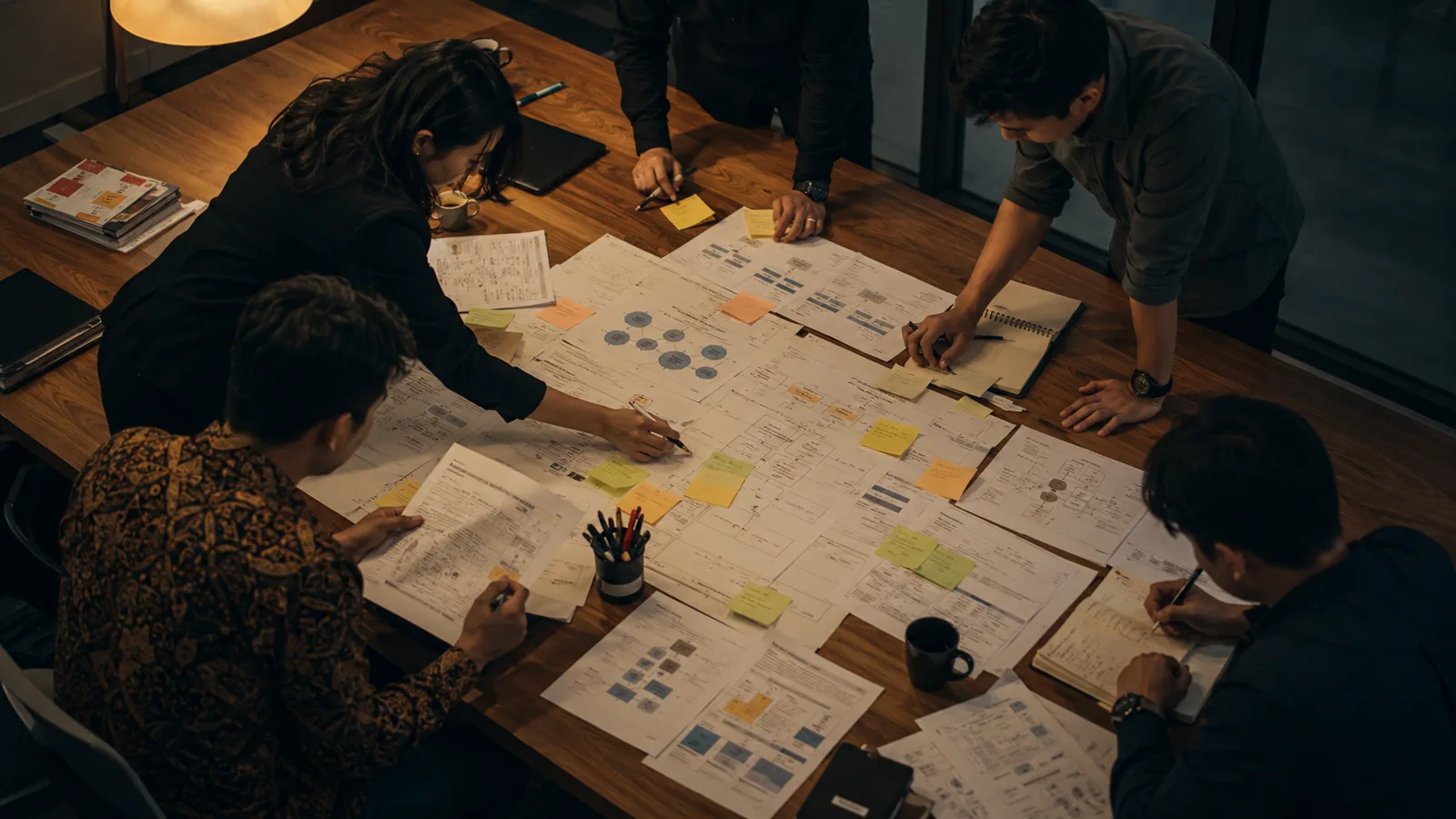 Tim muda memetakan dokumen implementasi, sticky notes, dan worksheet governansi dari sudut atas.