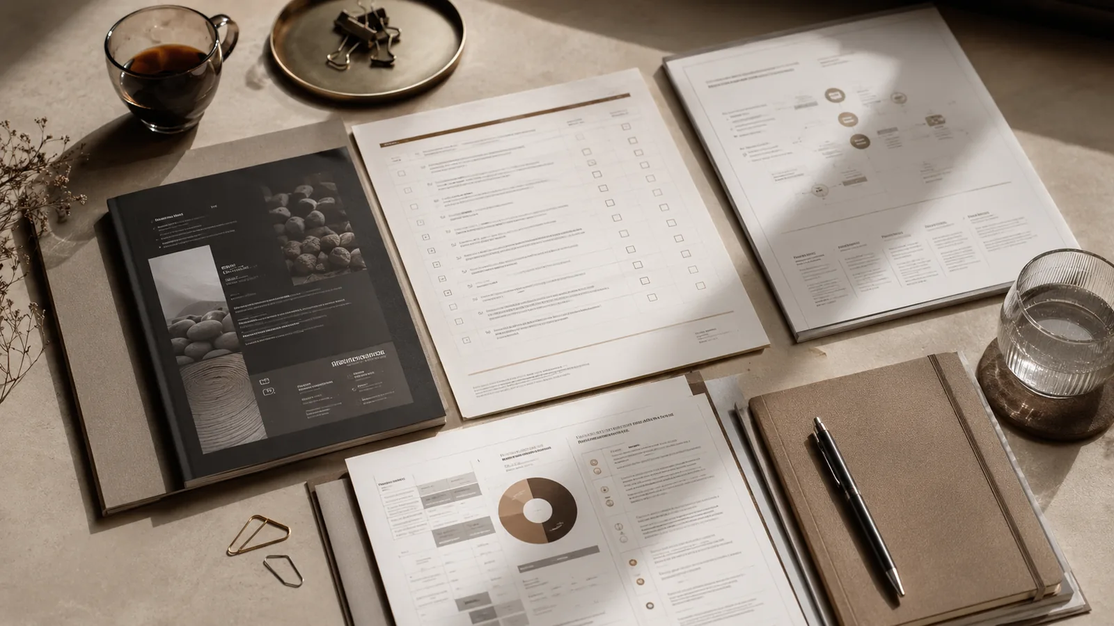 Flatlay editorial berisi checklist, worksheet, booklet, notebook, dan alat kerja implementasi.